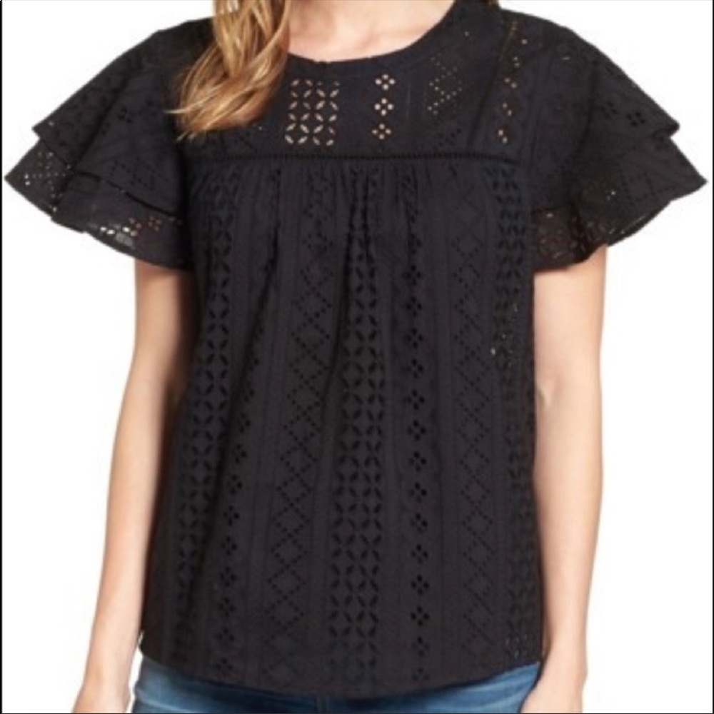 Pleione black flutter sleeve top eyelet